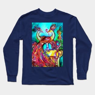 PEACOCKS IN LOVE Red Aqua Blue Turquoise Hues Long Sleeve T-Shirt